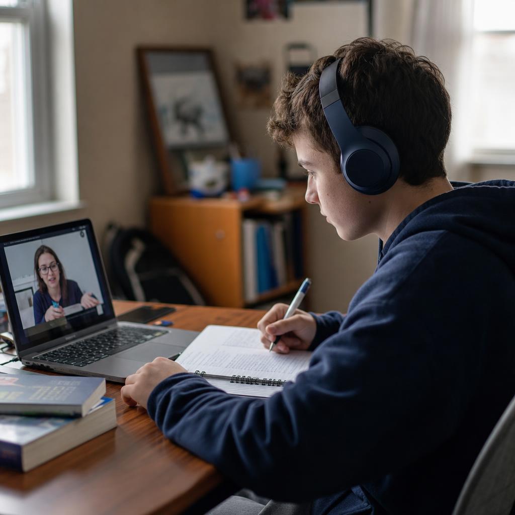 Schülerin lernt online am Laptop mit Kopfhörern
